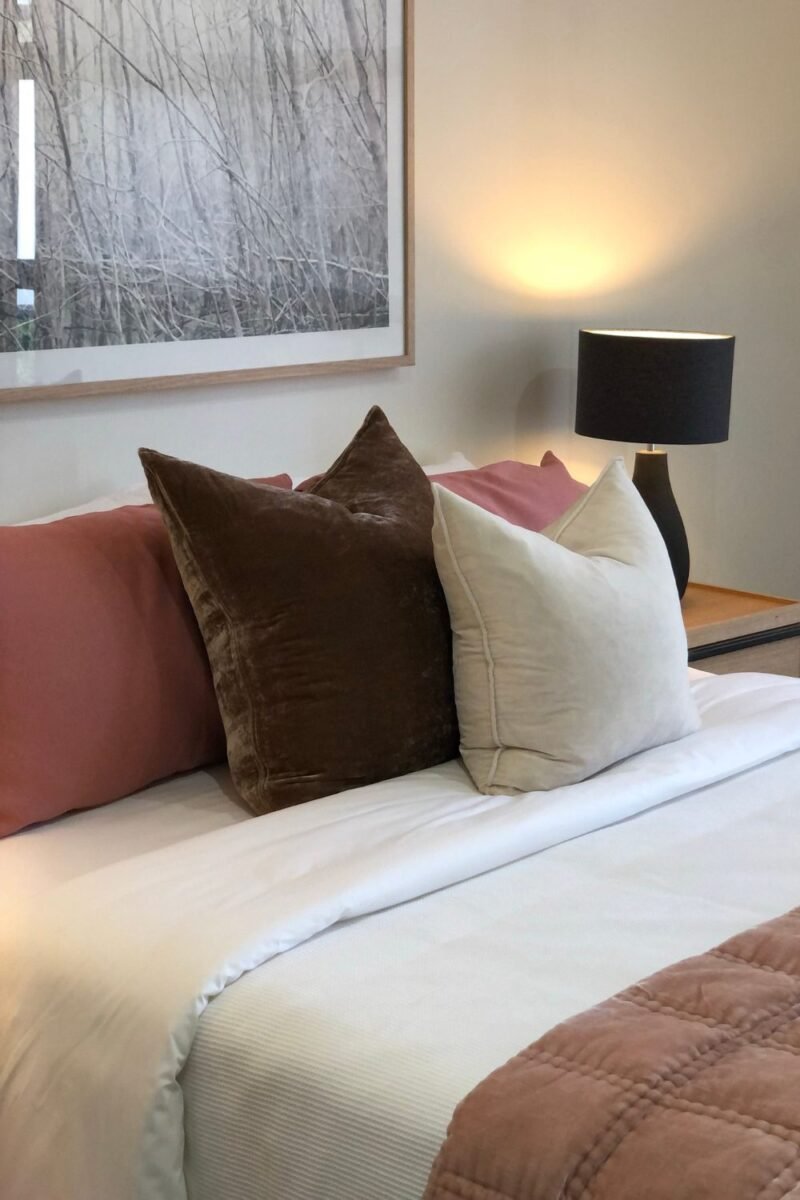 Small bed styled with layered bedding, a quilted throw folded across the foot and mixed-texture cushions