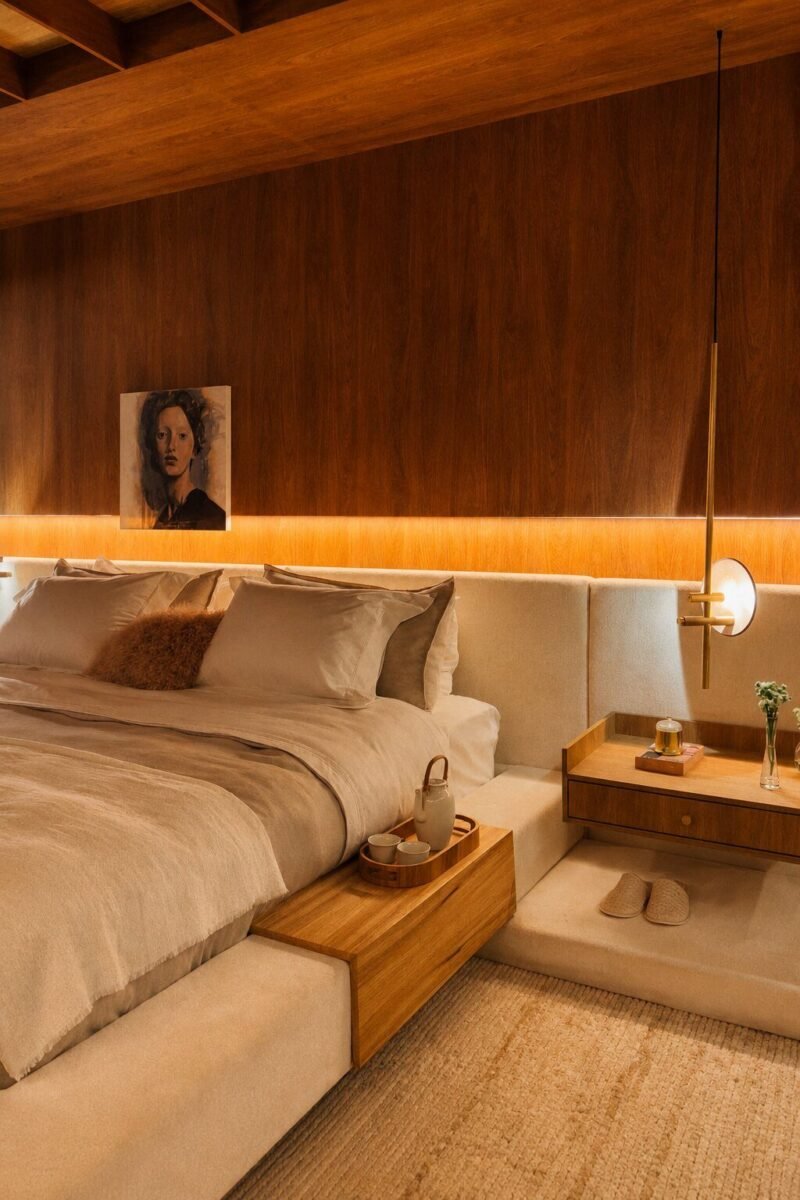 layered warm lighting in a cozy small bedroom