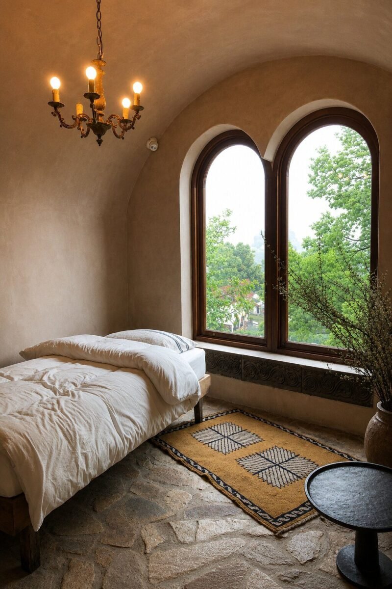 warm cozy color palette in a small bedroom