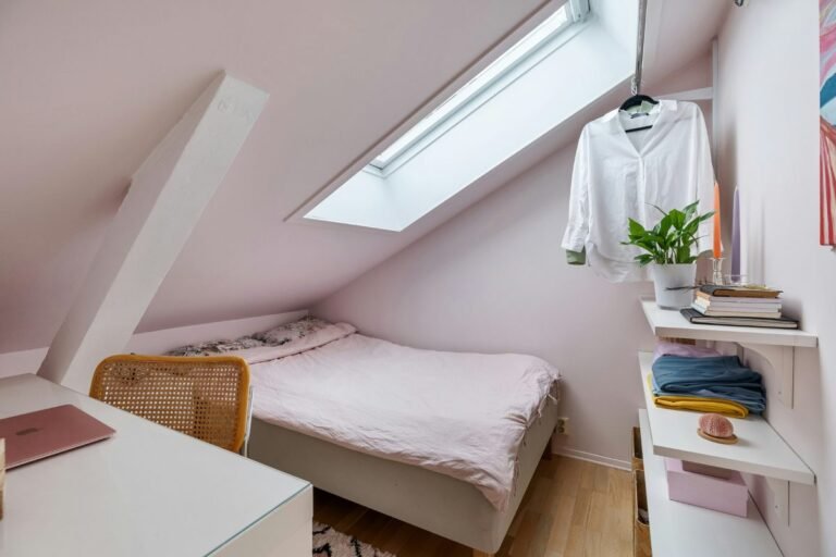 Small apartment bedroom under a sloped ceiling with a skylight, a low bed, a compact desk and wall shelves holding books and a plant