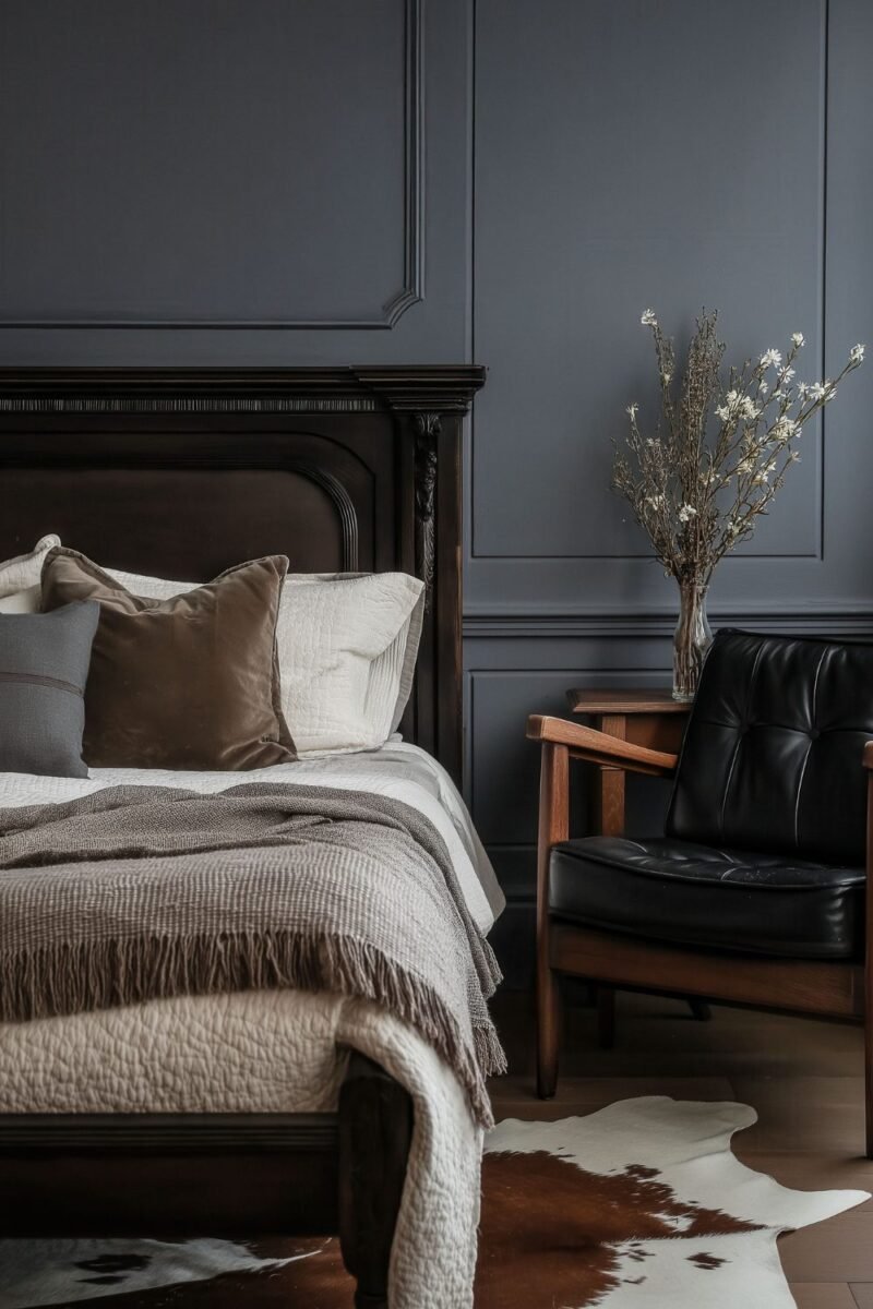 Small bedroom with charcoal gray paneled walls, cream bedding and a soft throw
