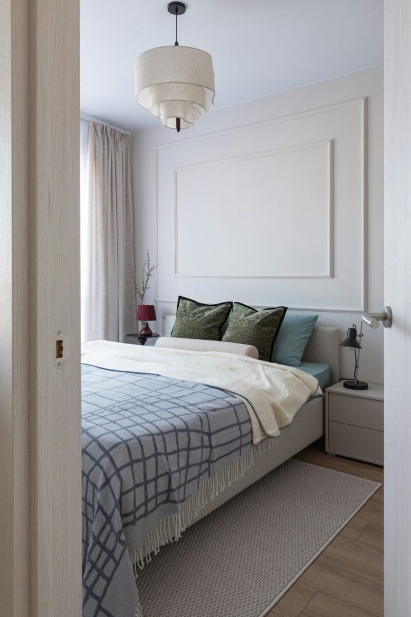 Finished cozy small bedroom seen from the doorway with a layered bed, rug and warm lamp