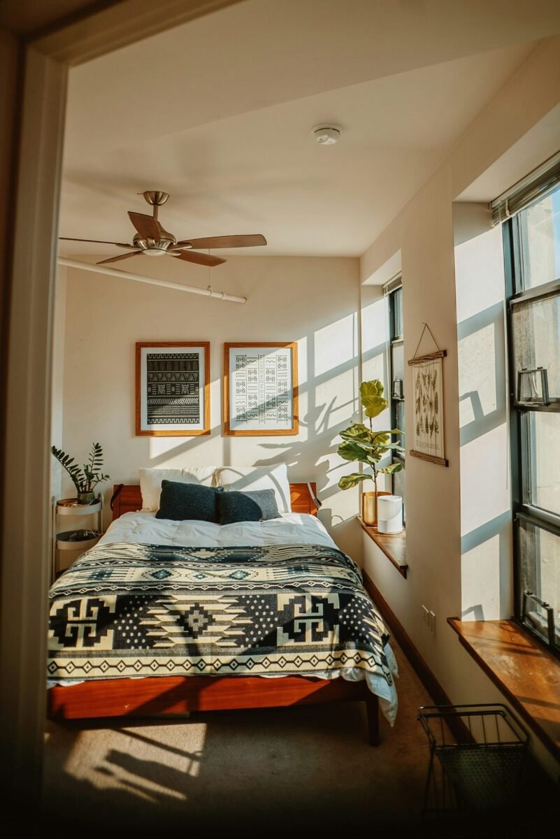 textiles and texture in a cozy small bedroom
