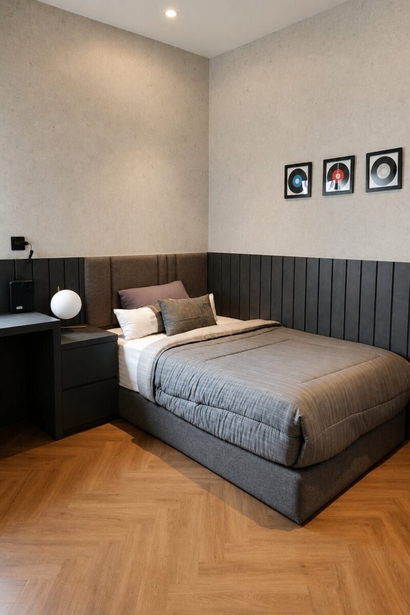 wall decor and mirror in a small cozy bedroom