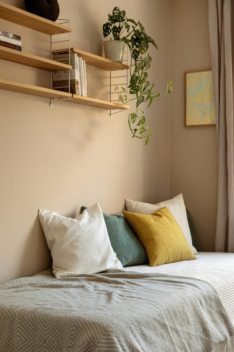 Wall shelf above the bed holding books and a plant in a small shared bedroom