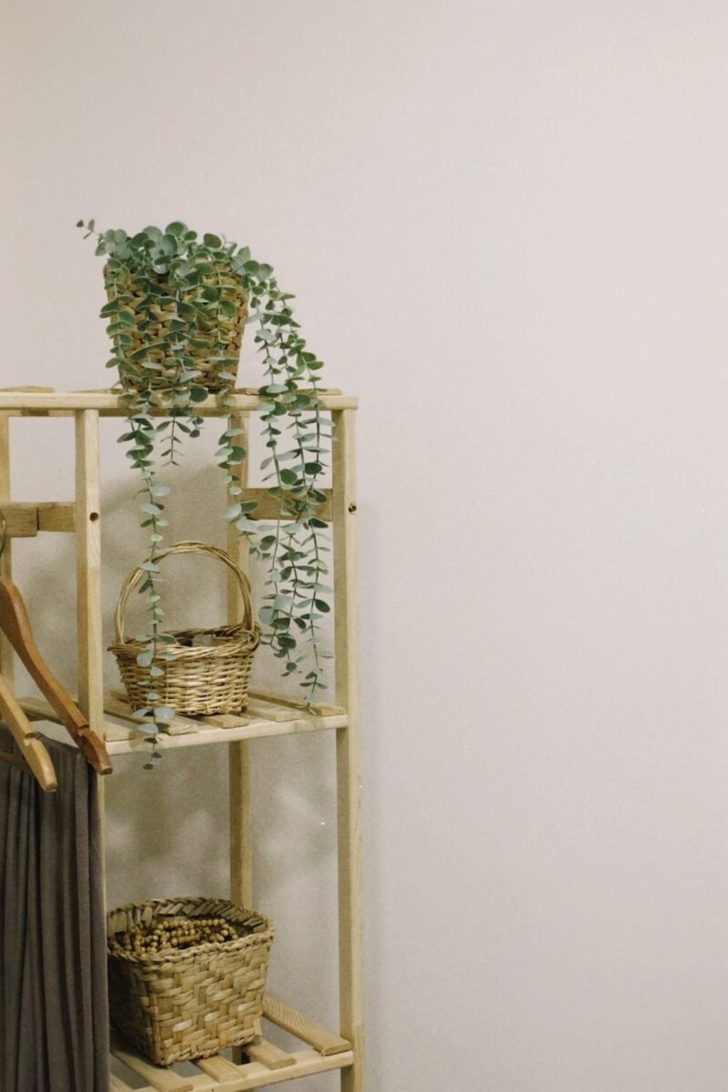 A wooden shelf stand holding woven storage baskets and a trailing plant